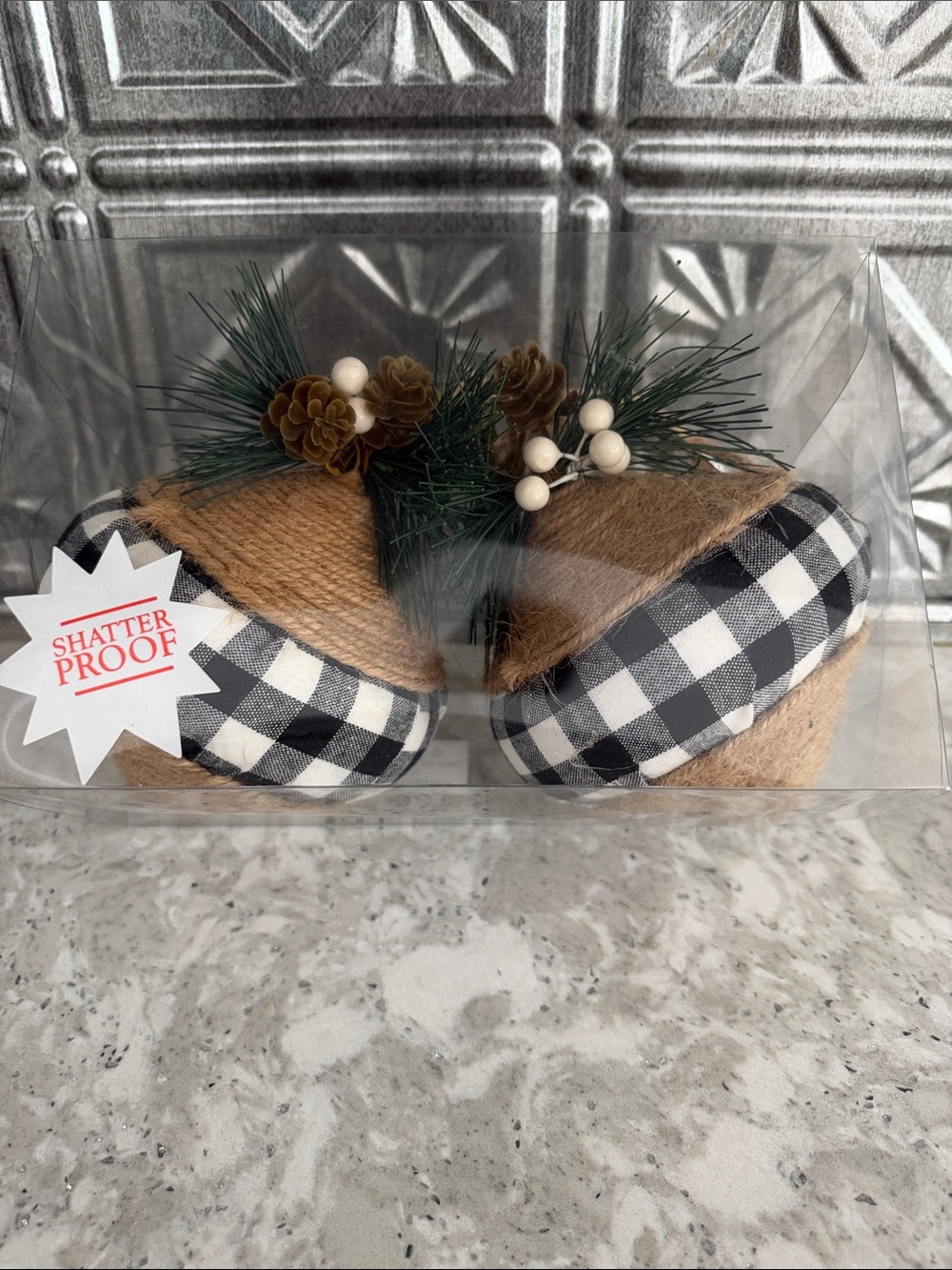 Hobby Lobby: Black & White Buffalo Check Acorn Ornaments with Jute